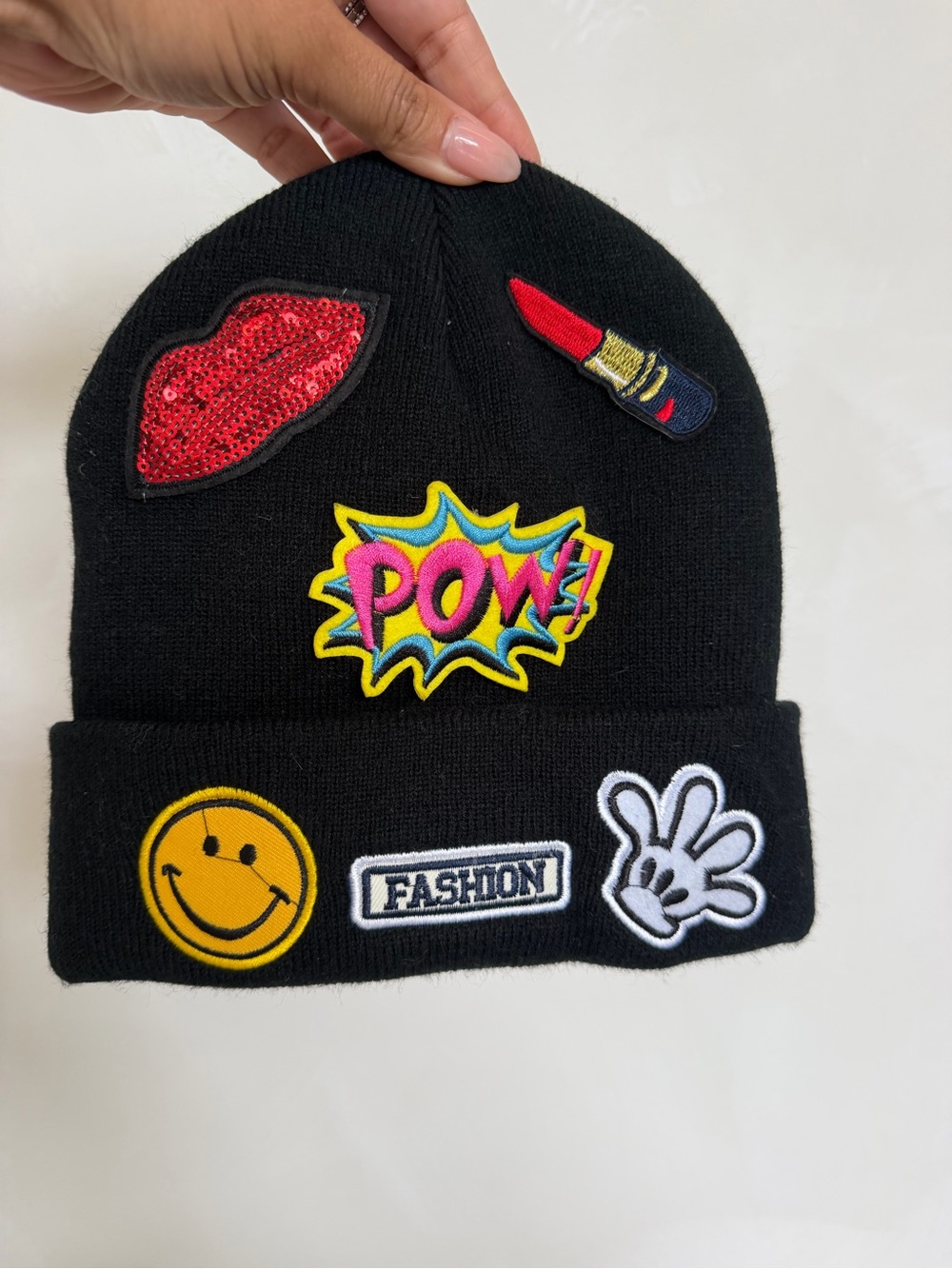 Call It Spring Black Beanie with Colorful Pop Patches